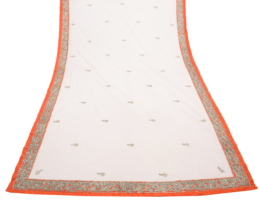 Sushila Vintage White Indian Dupatta Net Mesh Hand Beaded Floral Long Stole Wrap