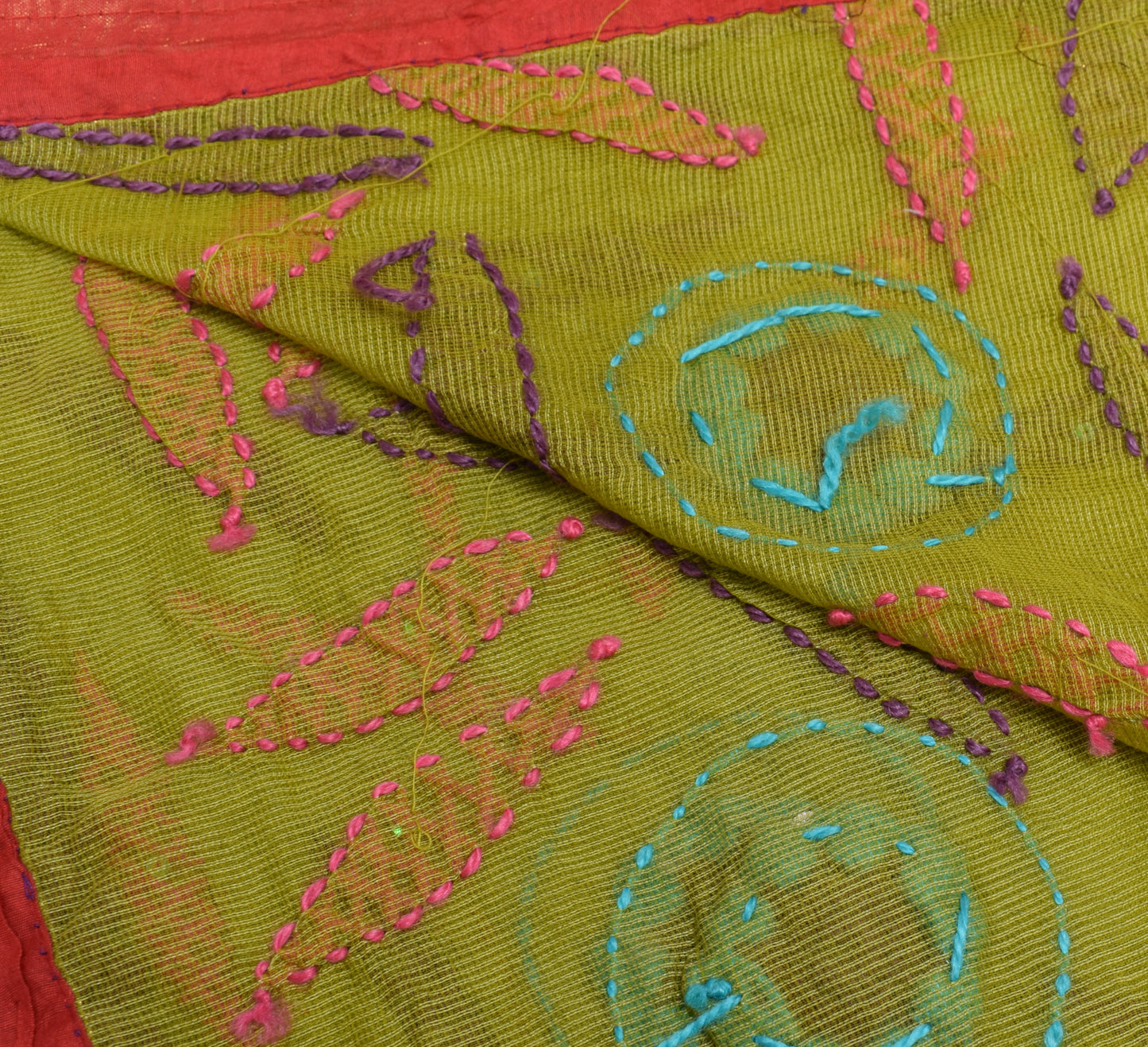 Sushila Vintage Green Dupatta Art Silk Floral Hand Embroidered Long Stole Veil