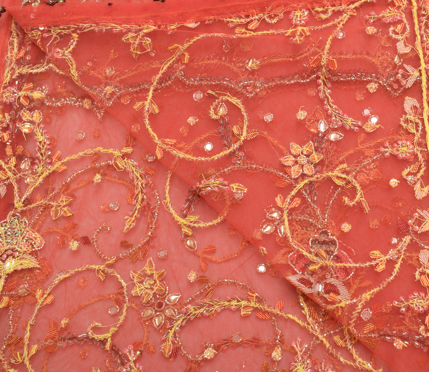 Sushila Vintage Orange Dupatta Net Mesh Hand Beaded Floral Long Stole Scarves