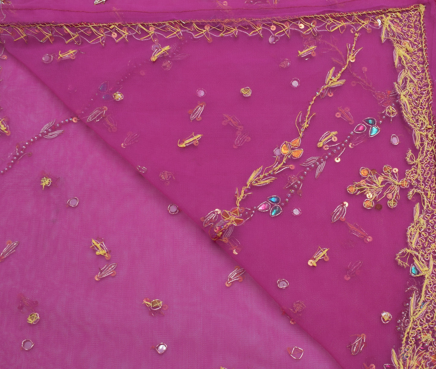 Sushila Vintage Indian Dupatta Net Mesh Hand Beaded Floral Long Stole Veil Wrap
