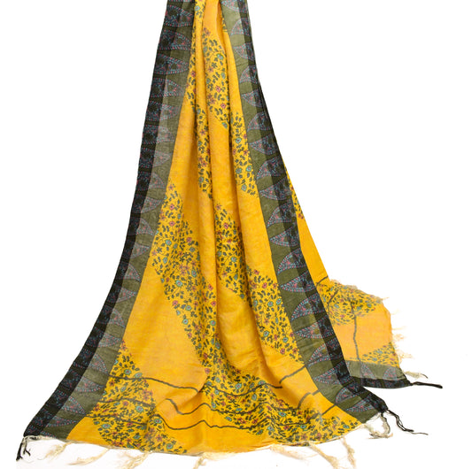 Sushila Vintage Yellow Dupatta Blend Woolen Woven Floral Long Stole Scarves Wrap