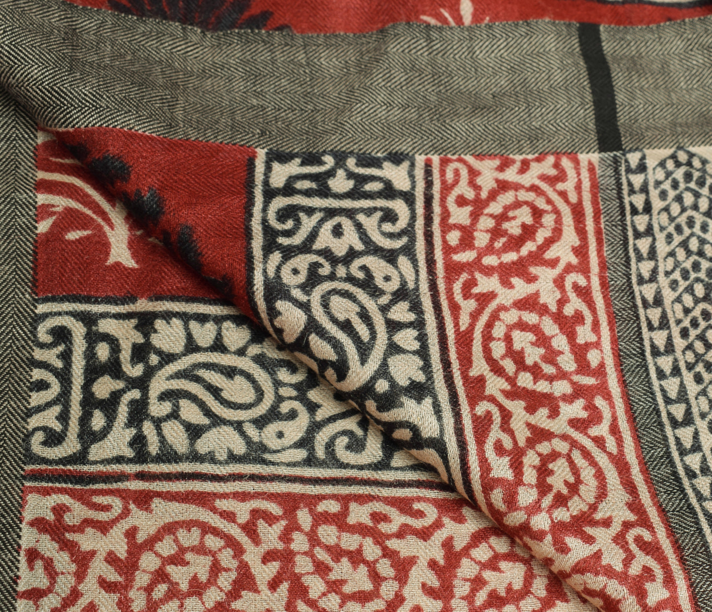 Sushila Vintage Cream Dupatta 100% Pure Woolen Hand Block Printed Long Stole