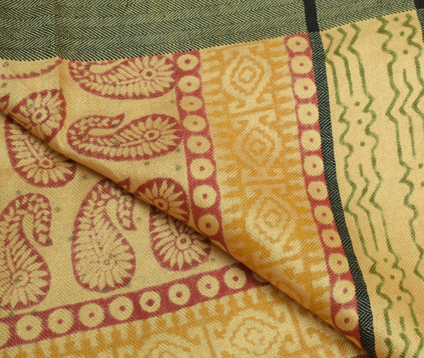 Sushila Vintage Light Yellow Dupatta 100% Pure Woolen Woven Laheriya Long Stole