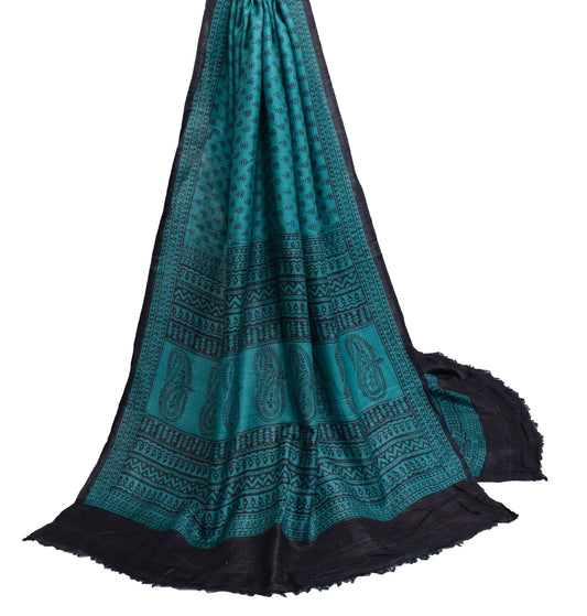 Sushila Vintage Teal Blue Dupatta 100% Pure Woolen Woven Floral Long Stole Veil