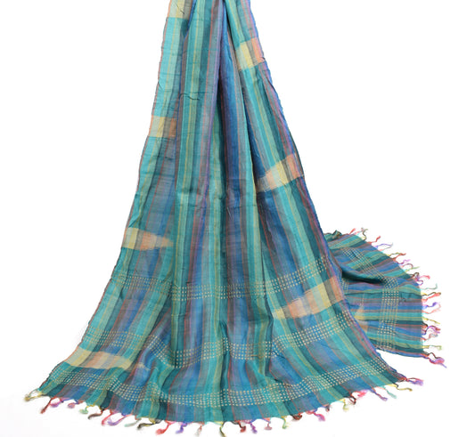 Sushila Vintage Multi-Color Dupatta 100% Pure Silk Woven Stripes Long Stole Wrap
