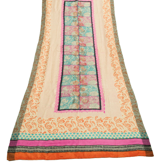 Sushila Vintage Cream Dupatta 100%Pure Woolen Hand Block Printed Long Stole Wrap