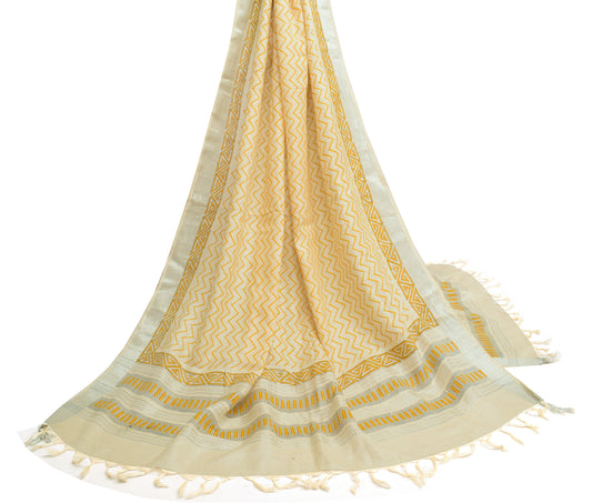 Sushila Vintage Cream Dupatta 100% Pure Silk Woven Zig-Zag Long Stole Hijab Wrap