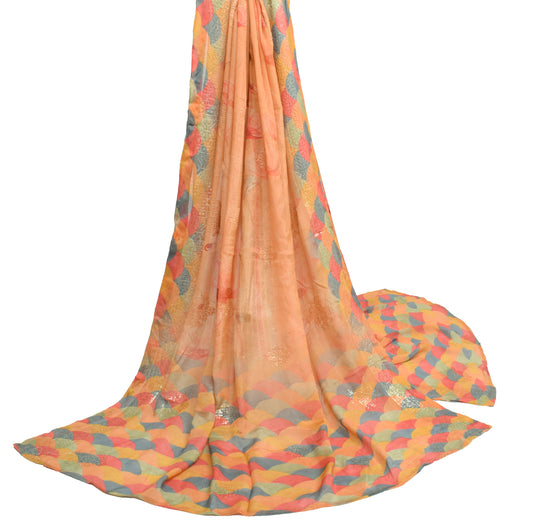 Sushila Vintage Peach Dupatta 100% Pure Silk Printed Floral Long Stole Scarves