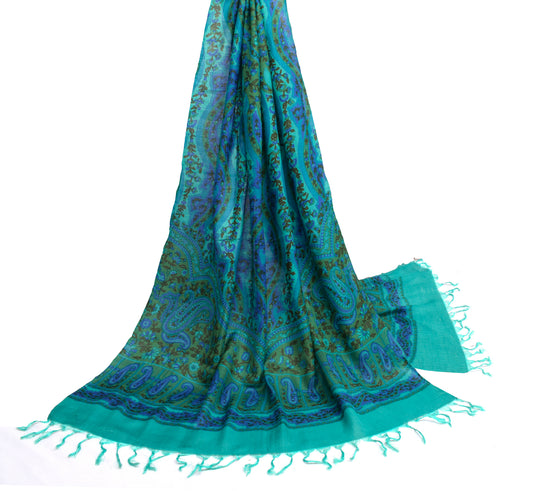 Sushila Vintage Green & Blue Dupatta 100% Pure Woolen Woven Floral Long Stole