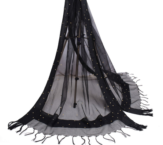 Sushila Vintage Black Indian Dupatta Art Silk Sheer Fabric Woven Long Stole Veil