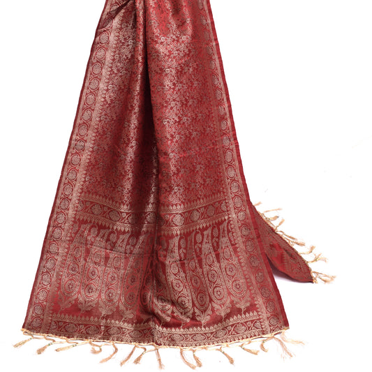 Sushila Vintage Maroon Banarasi Dupatta 100% Pure Satin Silk Woven Long Stole