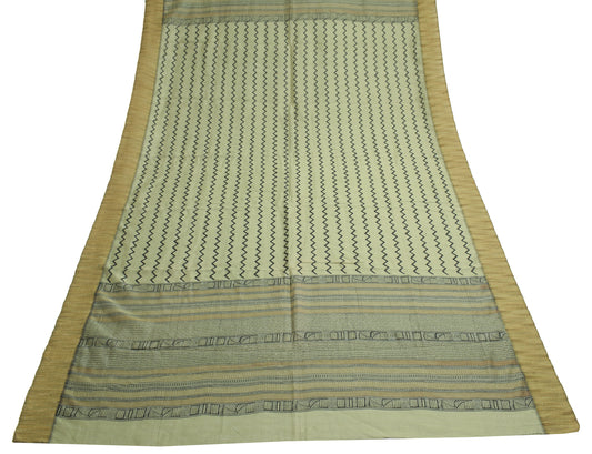Sushila Vintage Greenish Gray Dupatta 100%Pure Cotton Printed Zig-Zag Long Stole