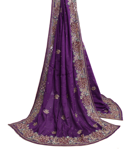 Sushila Vintage Purple Dupatta 100% Pure Silk Hand Beaded Floral Long Stole Veil