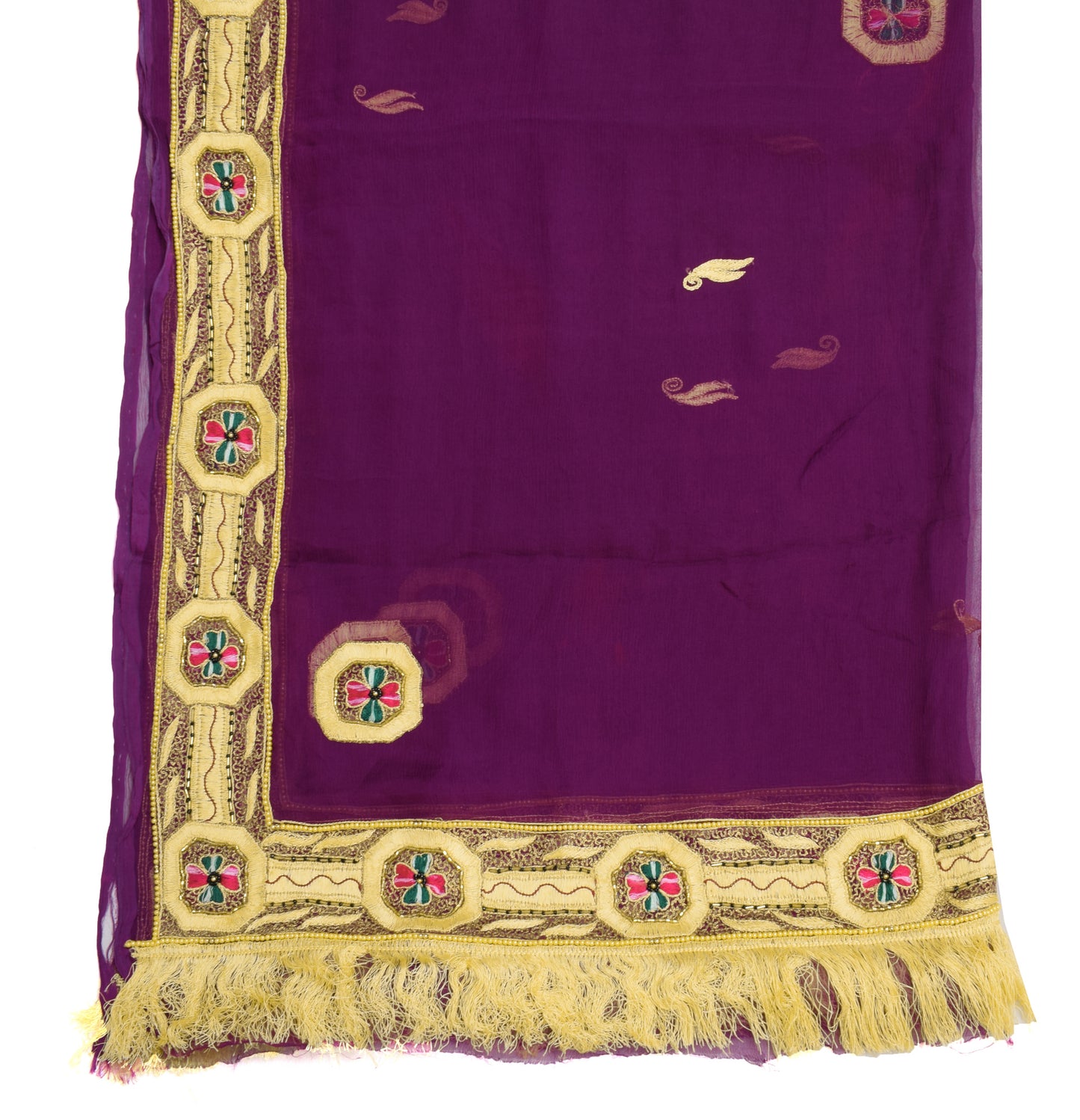 Sushila Vintage Purple Dupatta 100%Pure Chiffon Silk Embroidered Long Stole Veil