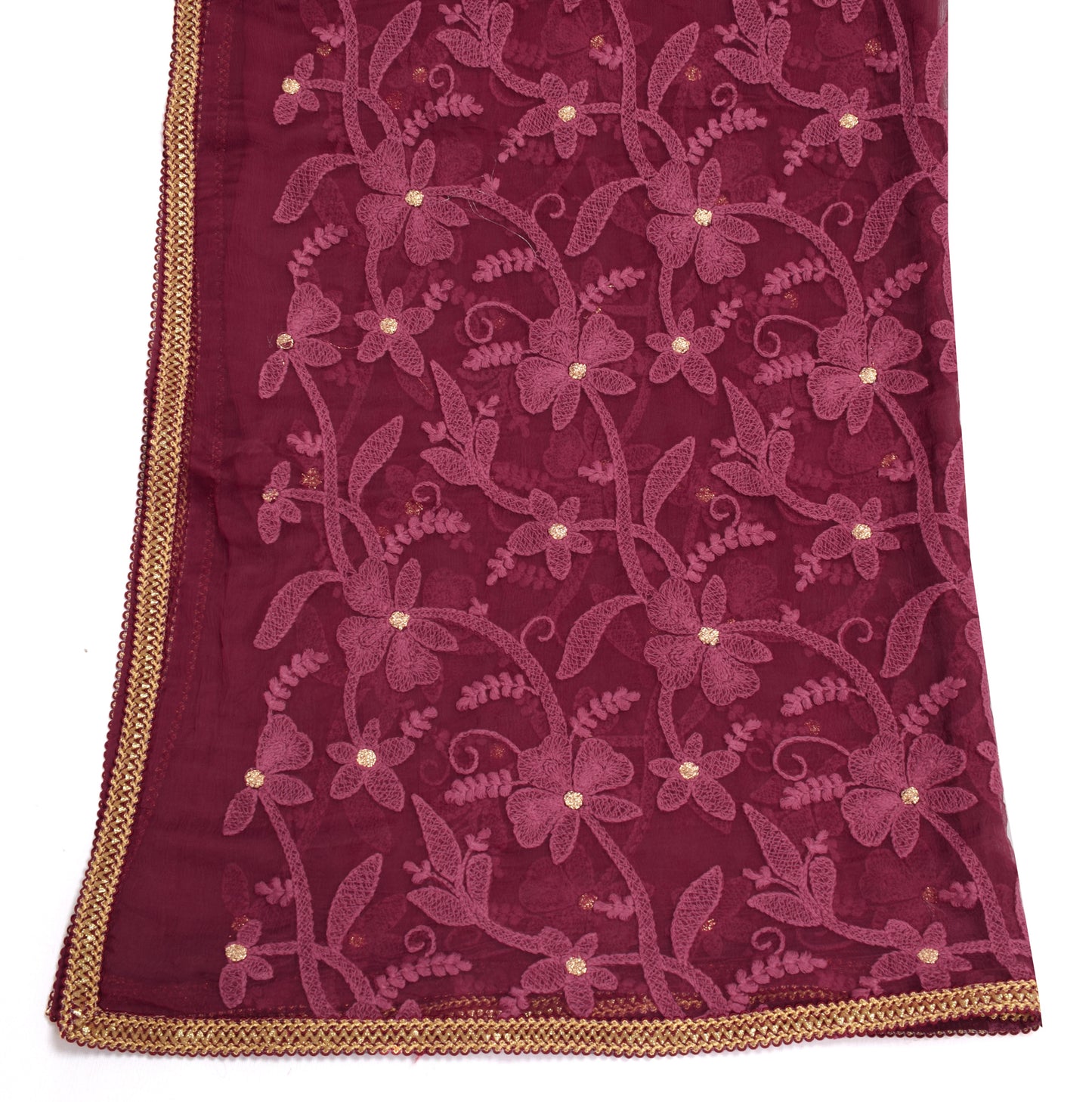 Sushila Vintage Maroon Dupatta 100%Pure Chiffon Silk Embroidered Long Stole Wrap