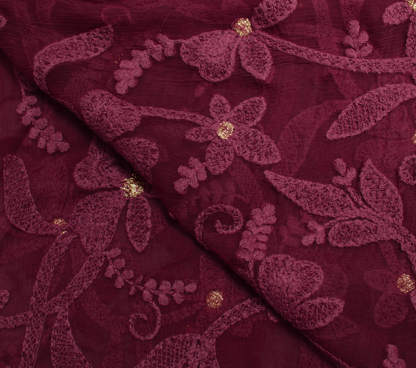 Sushila Vintage Maroon Dupatta 100%Pure Chiffon Silk Embroidered Long Stole Wrap