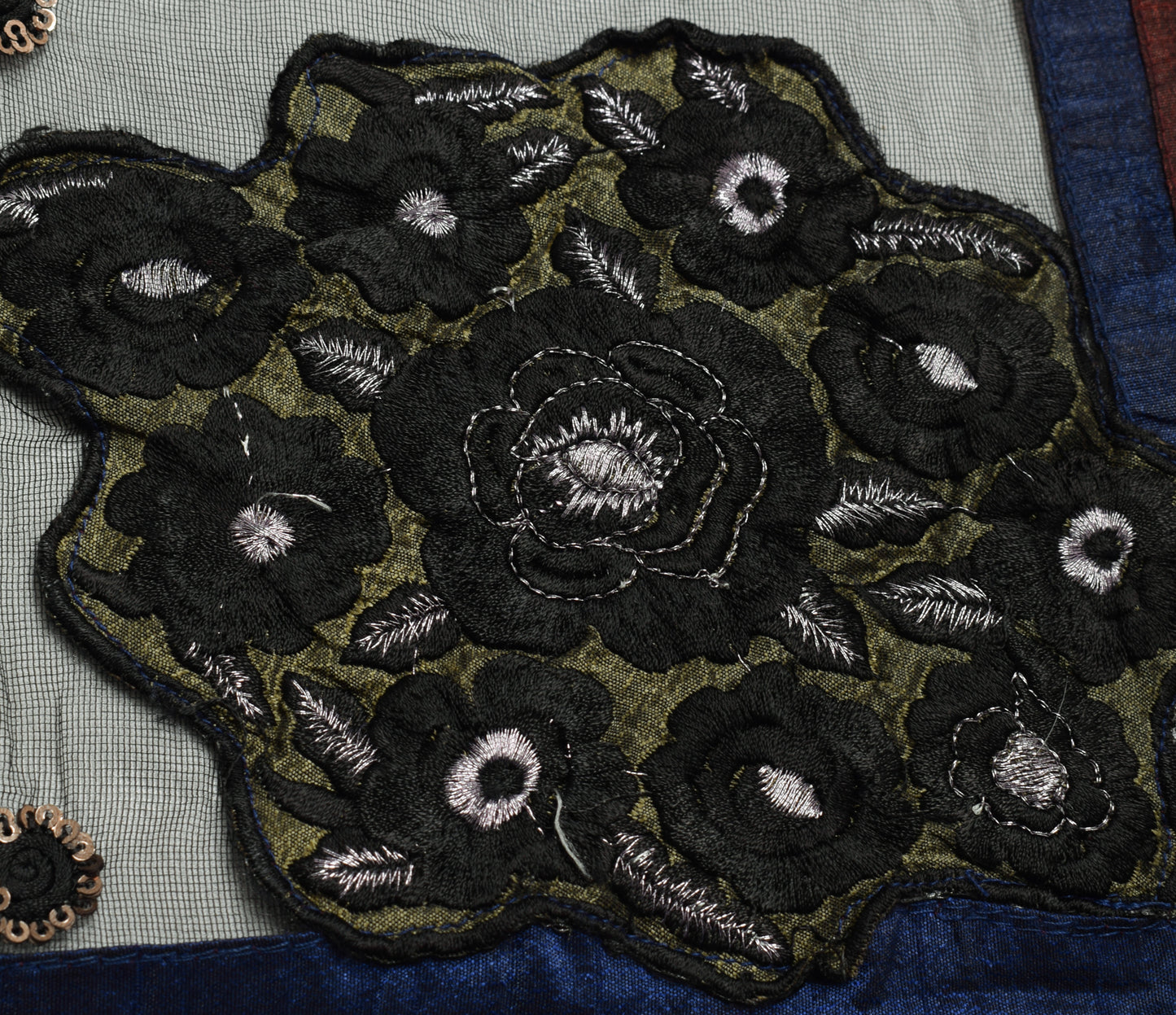 Sushila Vintage Black Dupatta Net Mesh Hand Beaded Floral Long Stole Scarves