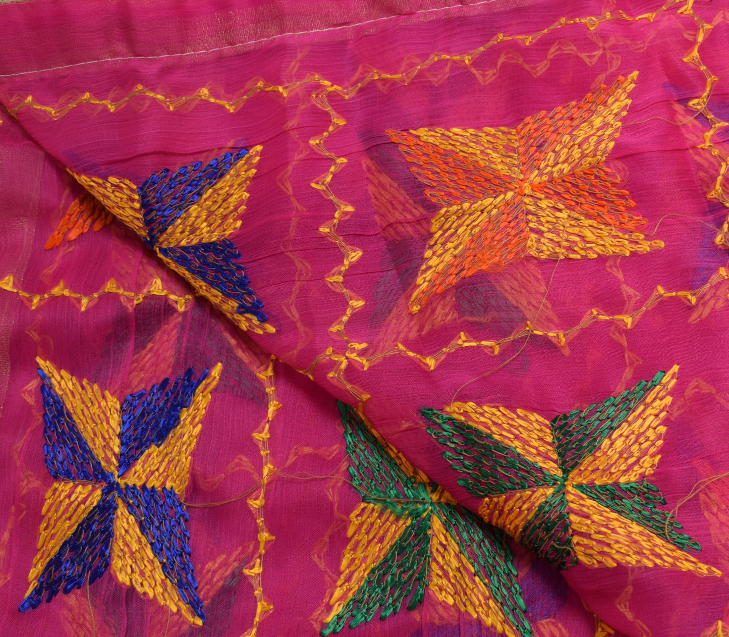 Sushila Vintage Magenta Dupatta Chiffon Silk Phulkari Embroidered Long Stole