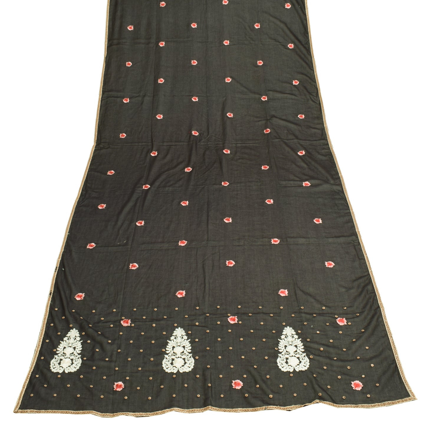 Sushila Vintage Black Dupatta 100% Pure Cotton Embroidered Floral  Long Stole