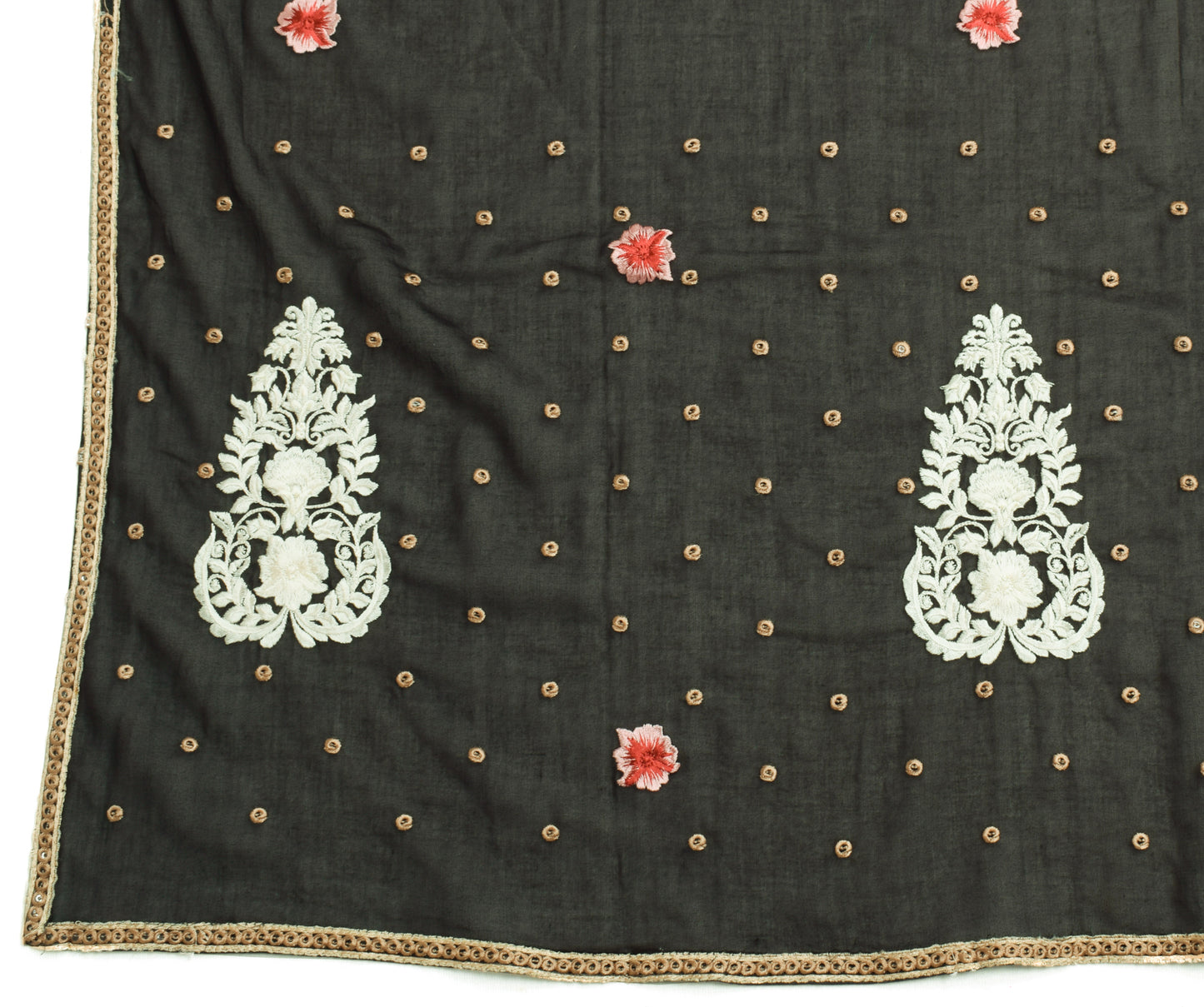 Sushila Vintage Black Dupatta 100% Pure Cotton Embroidered Floral  Long Stole