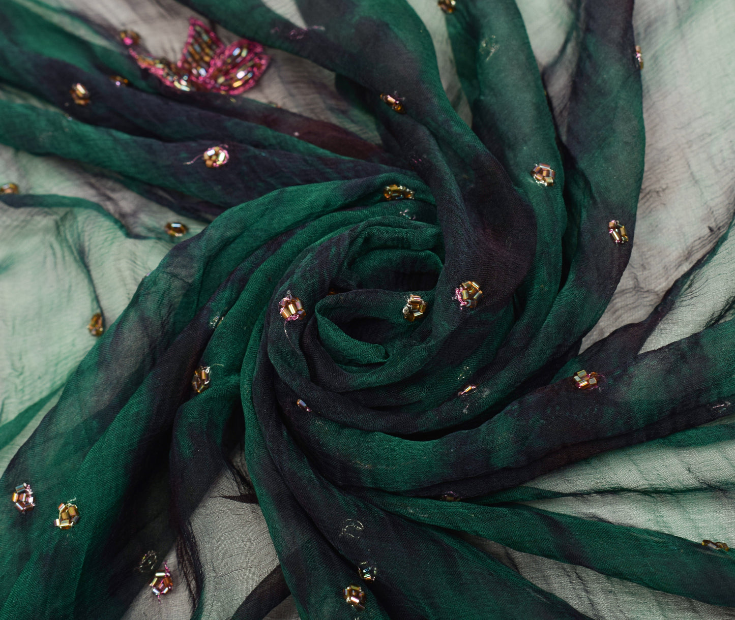 Sushila Vintage Green Tie-Dye Dupatta Pure Chiffon Silk Hand Beaded Long Stole