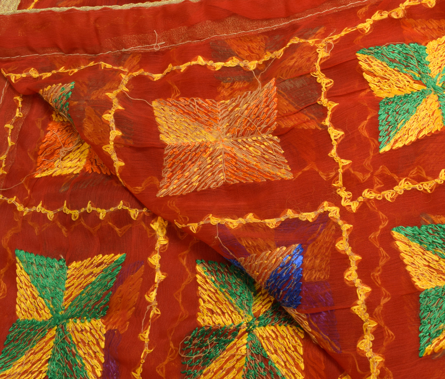 Sushila Vintage Red Dupatta Chiffon Silk Phulkari Embroidered Floral Long Stole