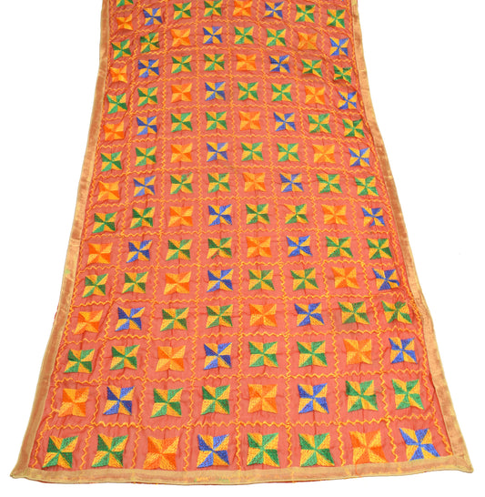Sushila Vintage Red Dupatta Chiffon Silk Phulkari Embroidered Floral Long Stole
