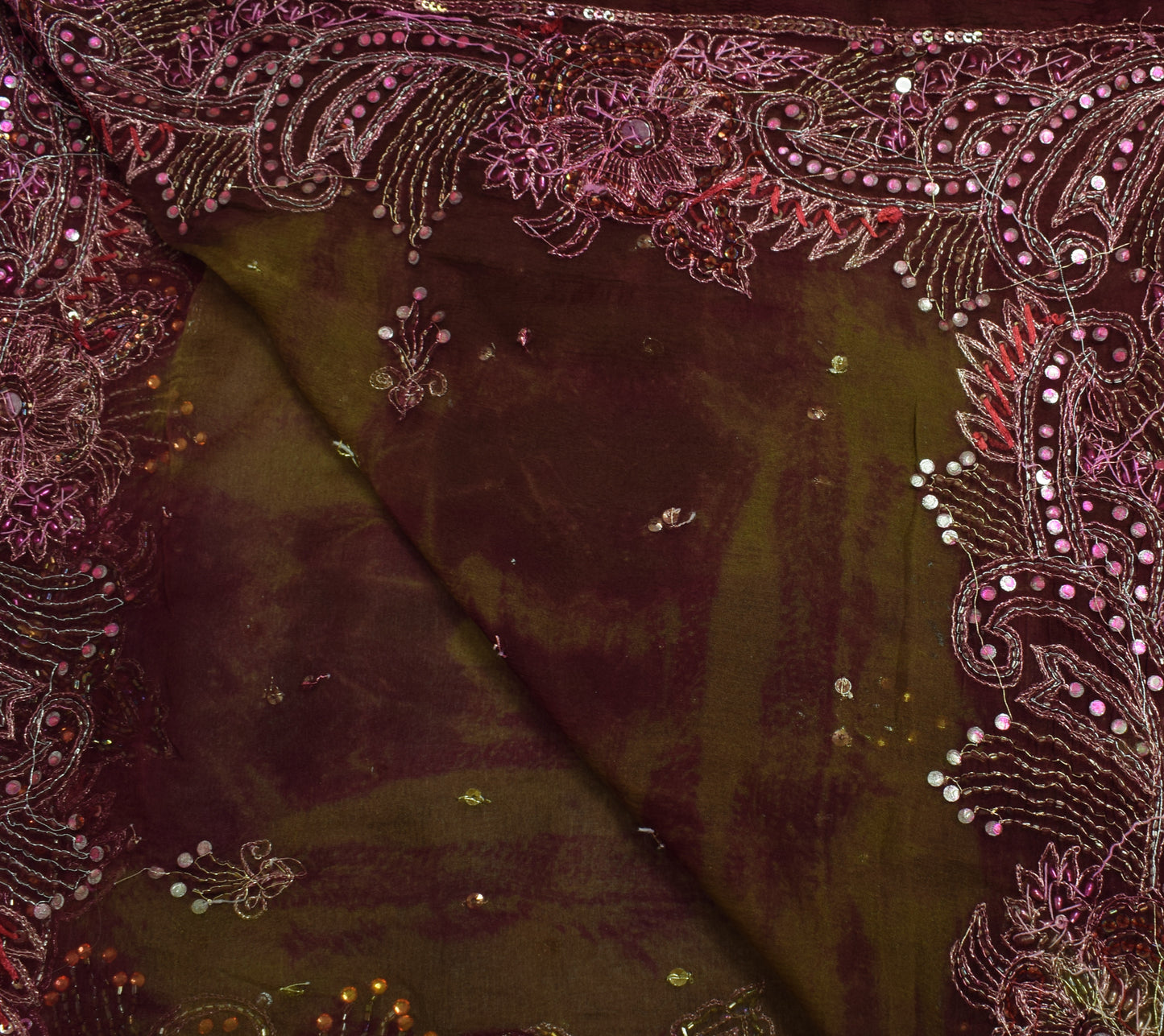Sushila Vintage Green Tie-Dye Dupatta Chiffon Silk Hand Beaded Floral Long Stole