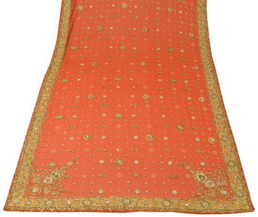 Sushila Vintage Heavy Orange Dupatta Georgette Hand Beaded Long Stole Scarves
