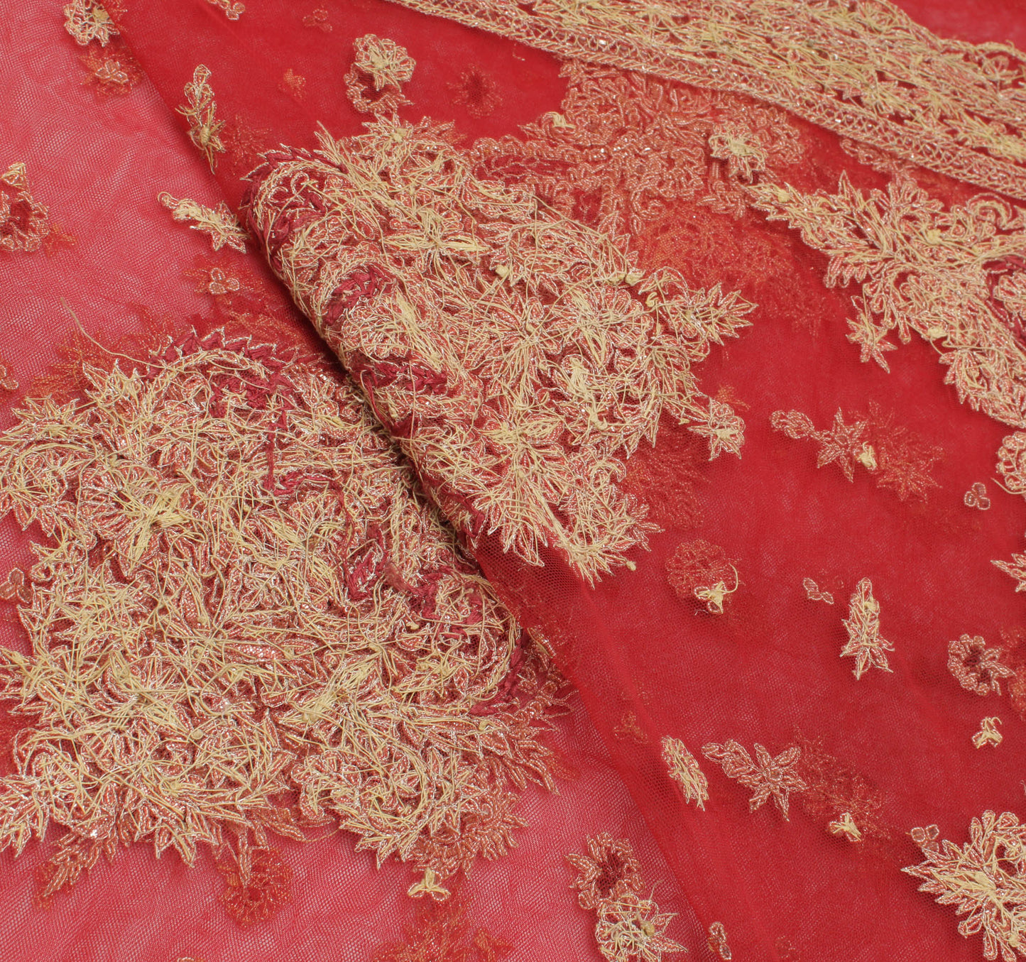 Sushila Vintage Red Heavy Dupatta Net Mesh Hand Beaded Zardozi Long Stole Veil