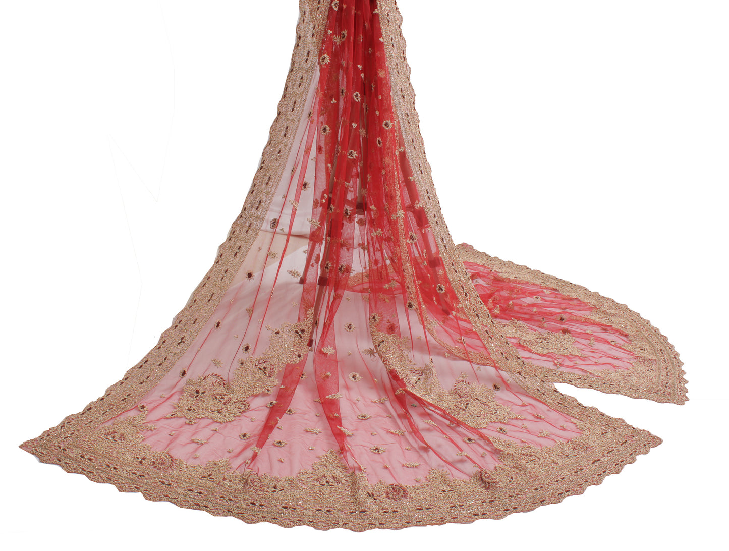 Sushila Vintage Red Heavy Dupatta Net Mesh Hand Beaded Zardozi Long Stole Veil