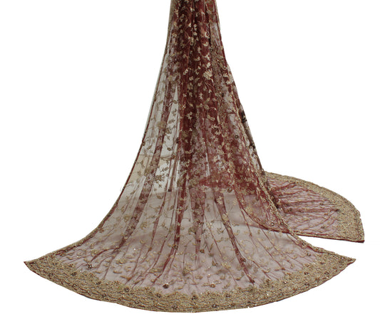 Sushila Vintage Burgundy Heavy Dupatta Net Mesh Hand Beaded Zardozi Long Stole