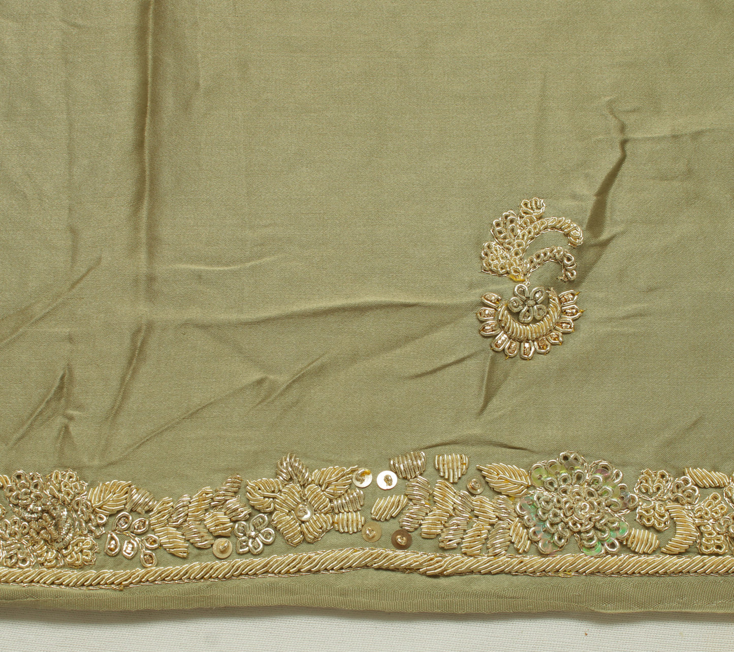 Sushila Vintage Green Heavy Dupatta Pure Satin Silk Hand Beaded Long Stole Veil