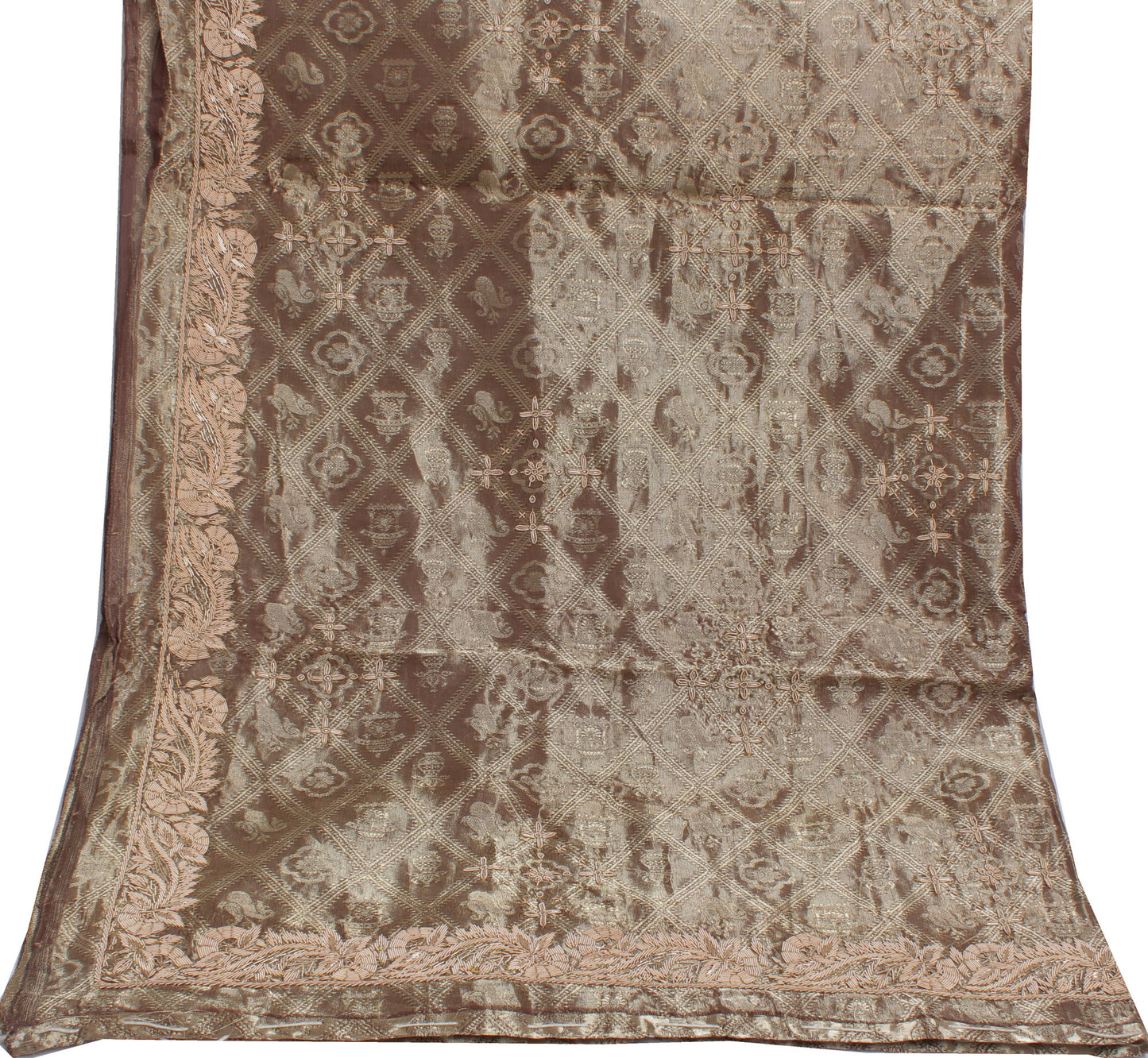 Sushila Vintage Brown Heavy Dupatta Pure Tissue Silk Hand Beaded Long Stole