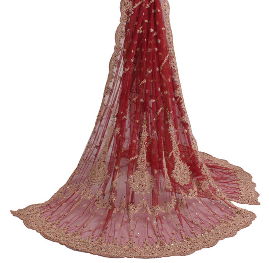 Sushila Vintage Maroon Heavy Dupatta Net Mesh Hand Beaded Long Stole Scarves