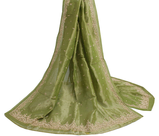 Sushila Vintage Green Heavy Dupatta Pure Tissue Silk Hand Beaded Long Stole Veil