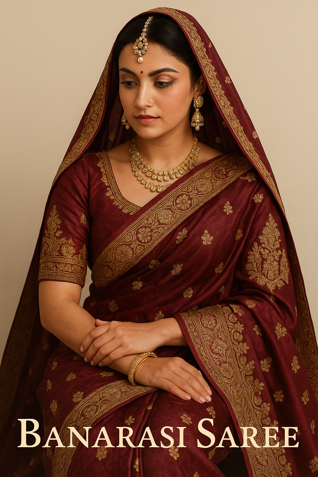 Indian bride wearing a rich maroon Banarasi saree with intricate gold zari work, paired with traditional gold jewelry including a maang tikka, jhumkas, and layered necklace, set against a soft, neutral background.