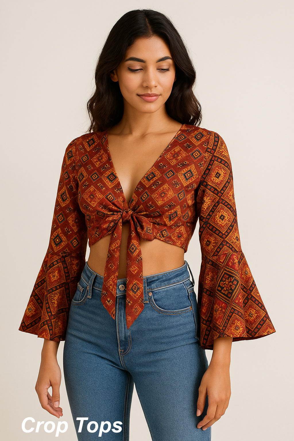 South Asian woman wearing an upcycled crop top made from a vintage printed pure silk saree, featuring bell sleeves and a front tie knot, styled with blue jeans against a light neutral background.