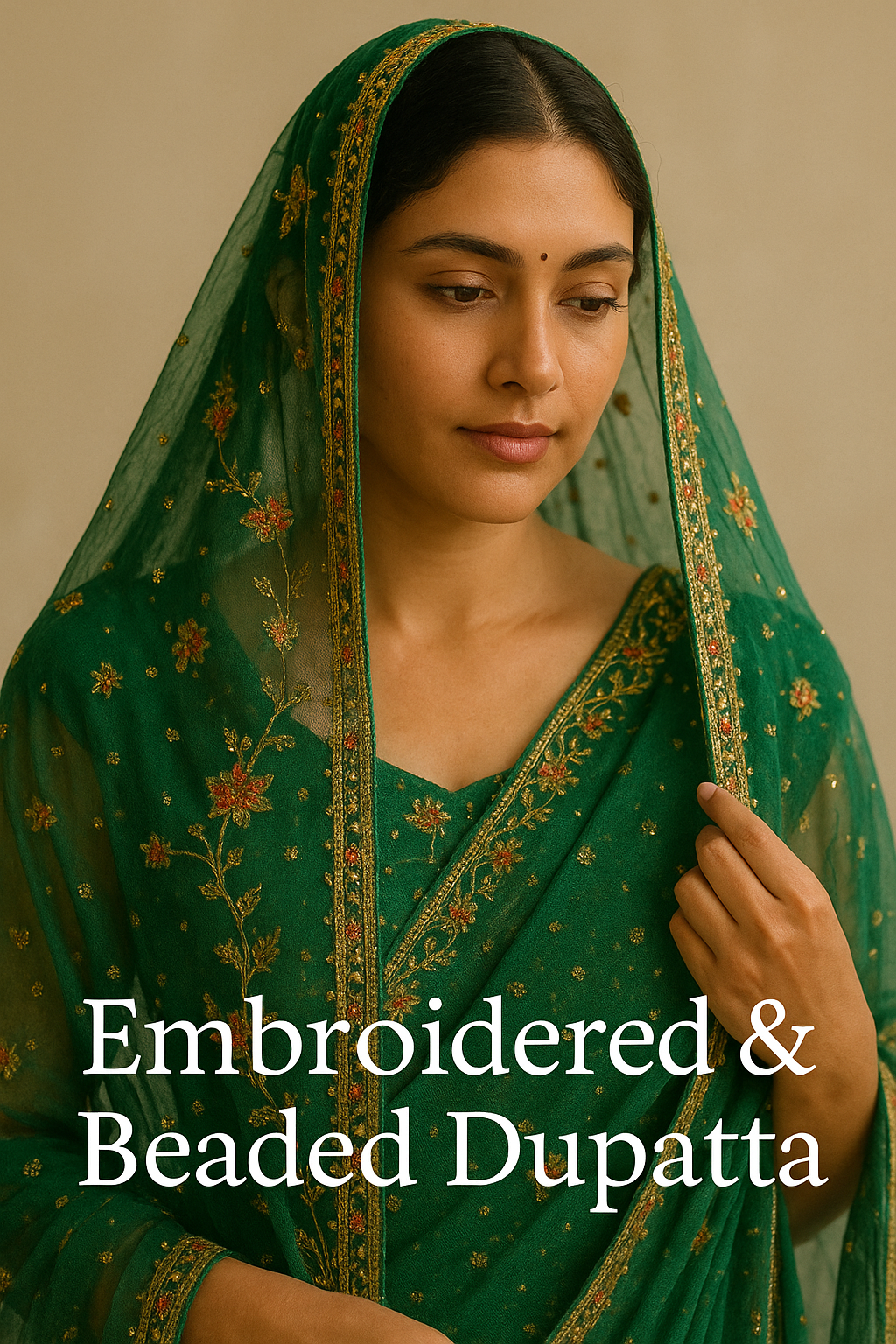 South Asian woman wearing a traditional embroidered dupatta in soft lighting, showcasing intricate vintage detailing with a light neutral background.