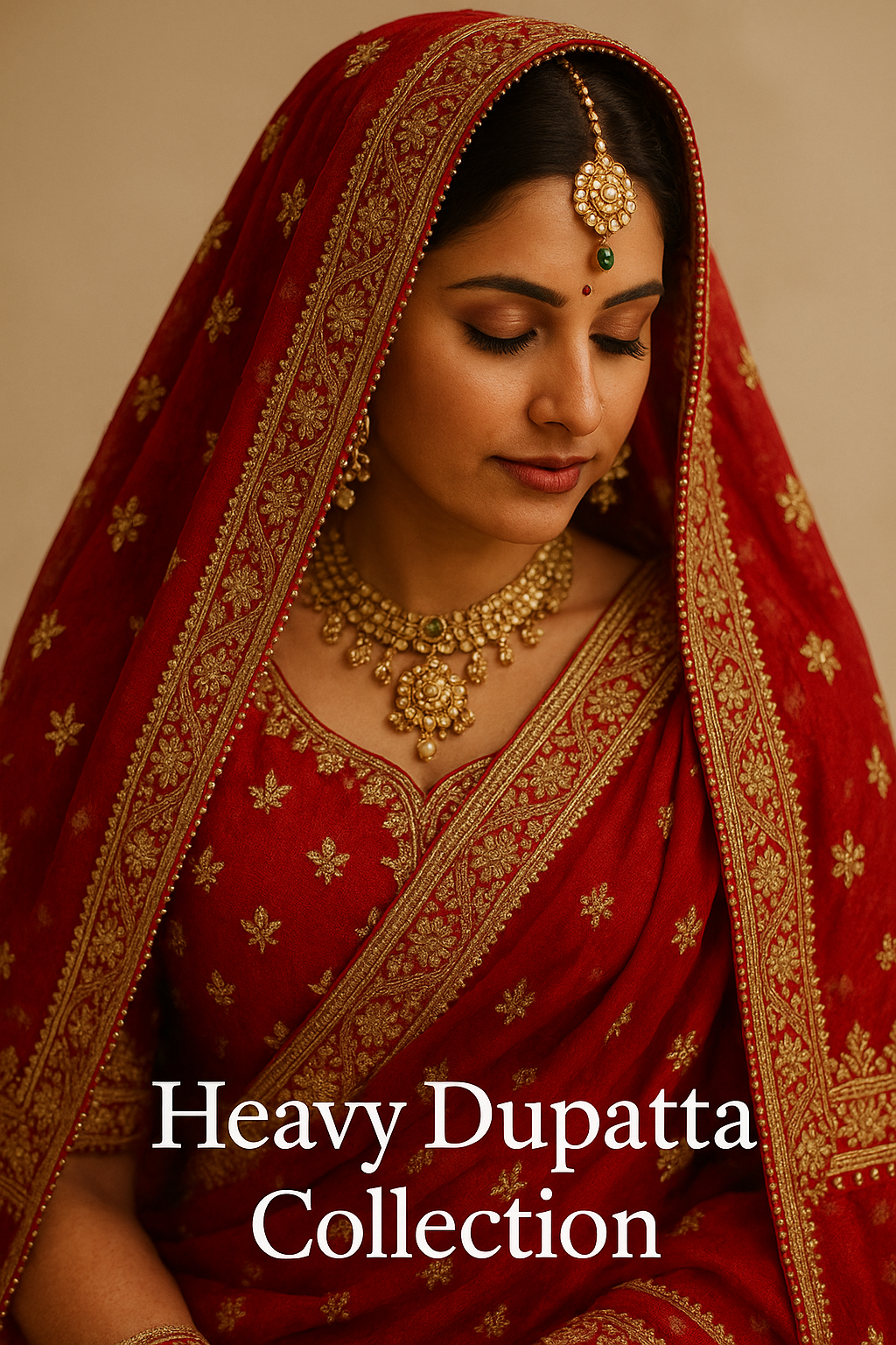 South Asian bride wearing a richly embroidered red bridal dupatta with gold detailing, styled traditionally as a wedding stole or veil.