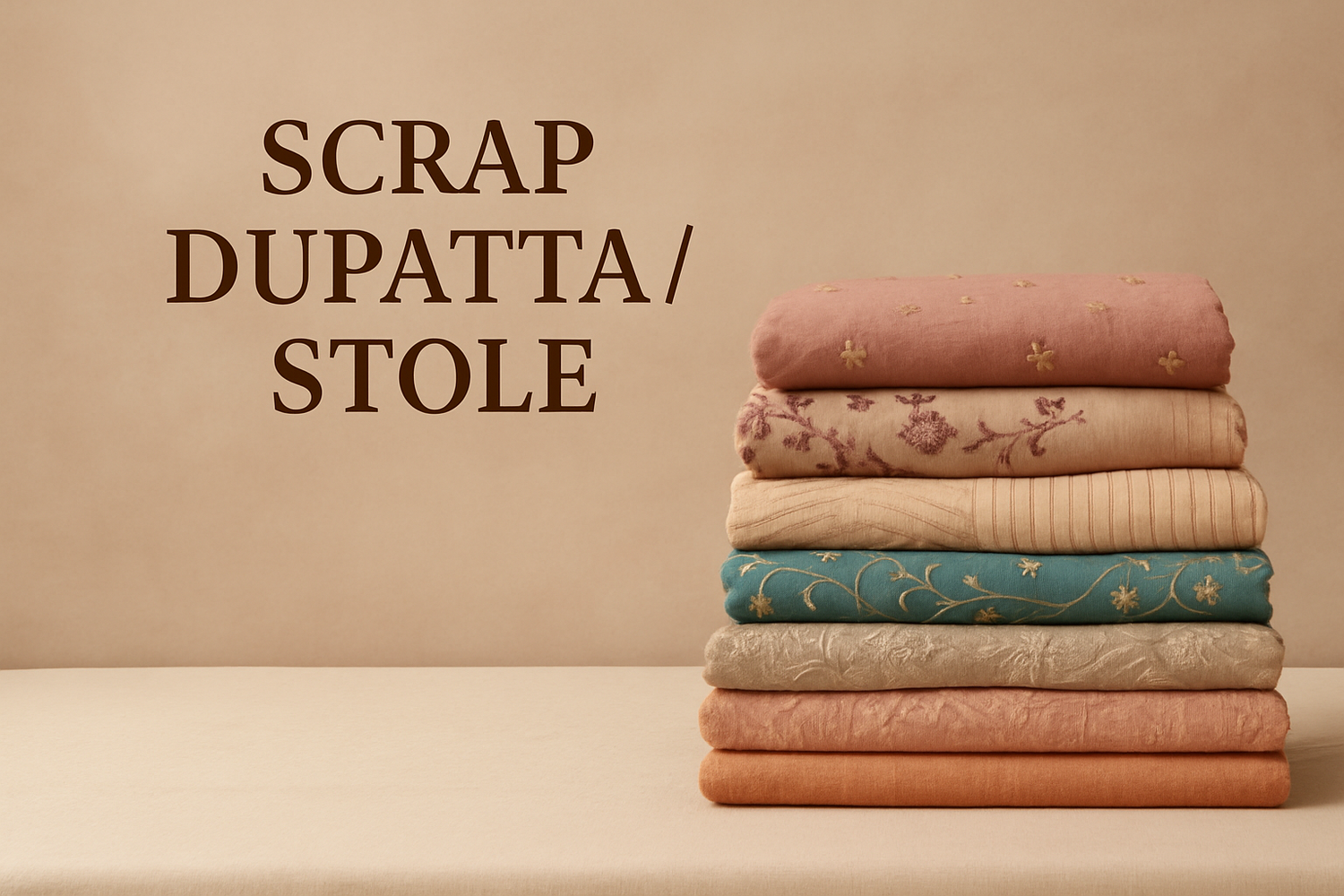 Stack of assorted vintage scrap dupattas in soft pastel shades, neatly folded on a light background, showing minor imperfections suitable for craft use.