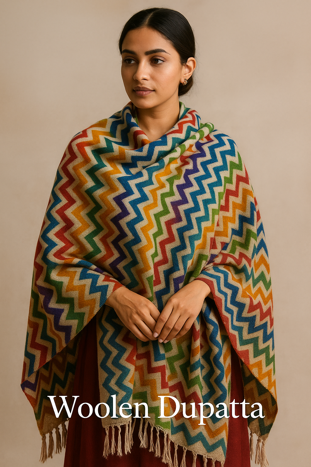 South Asian woman wearing a traditional woolen vintage dupatta in earthy tones, styled modestly as a long stole or hijab with a soft, neutral background.
