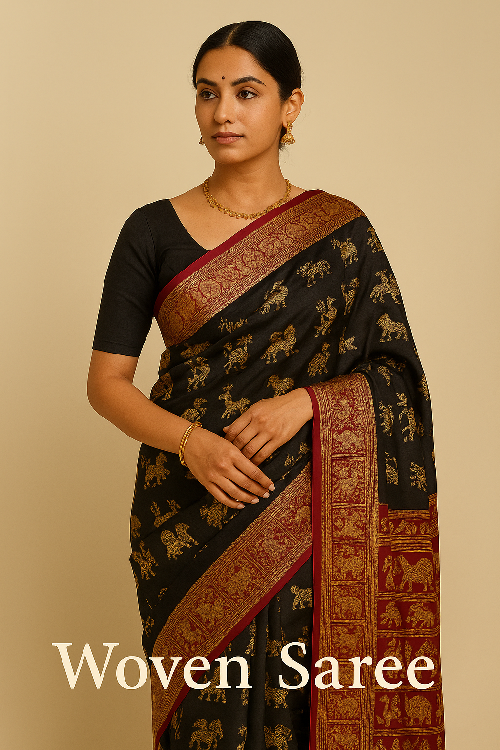Model wearing a traditional black woven saree with intricate gold animal motifs and a rich maroon border, paired with a black blouse and gold jewelry, set against a soft beige background.