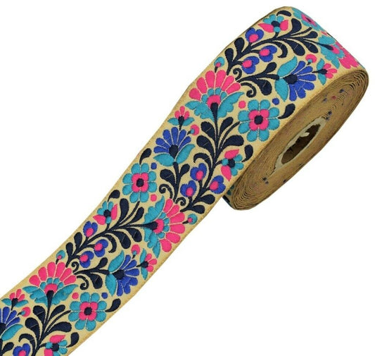 1 Yard Sari Border Indian Craft Trim Sewing Floral Ribbon Lace Edging Tape Beige