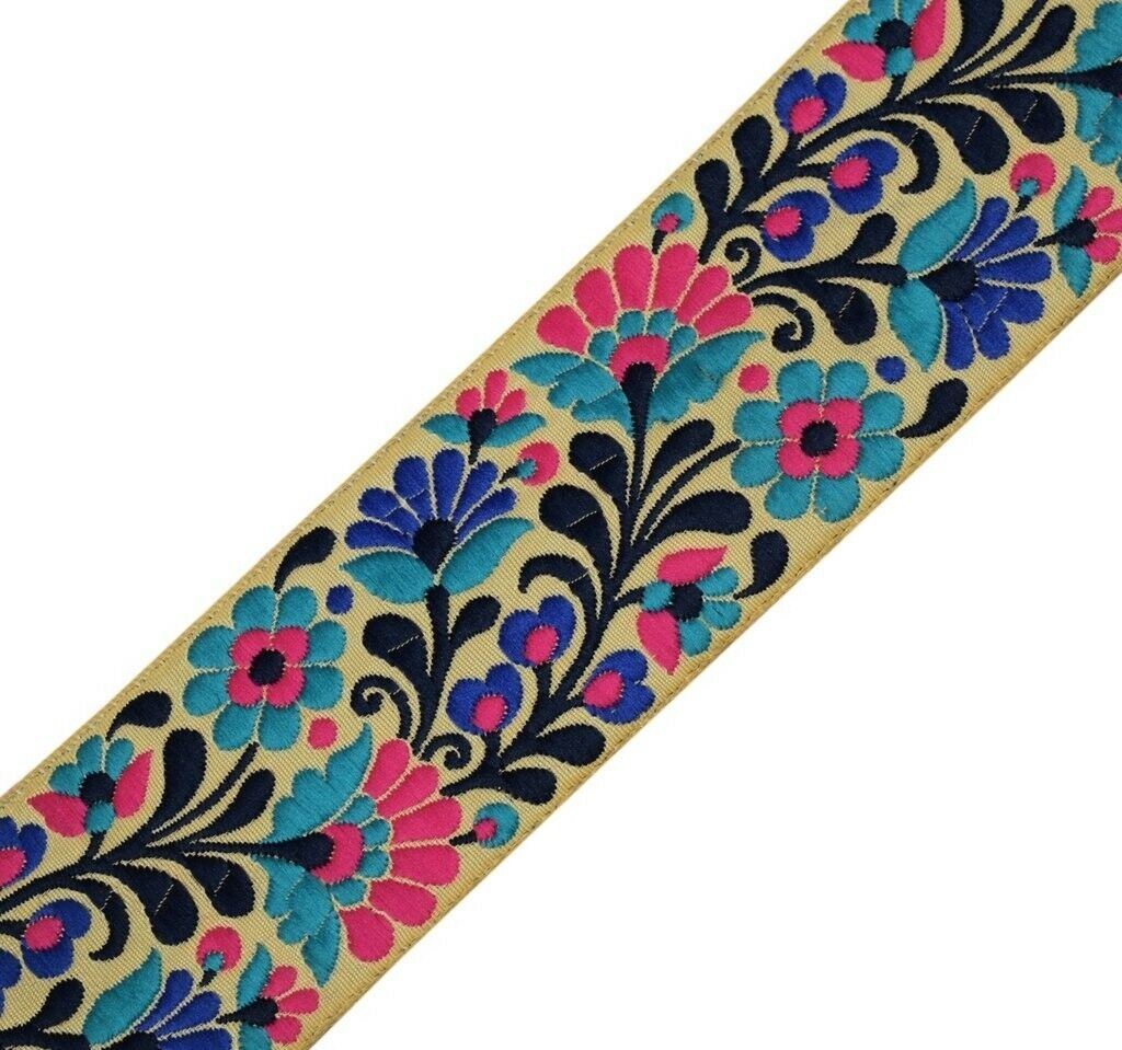 1 Yard Sari Border Indian Craft Trim Sewing Floral Ribbon Lace Edging Tape Beige