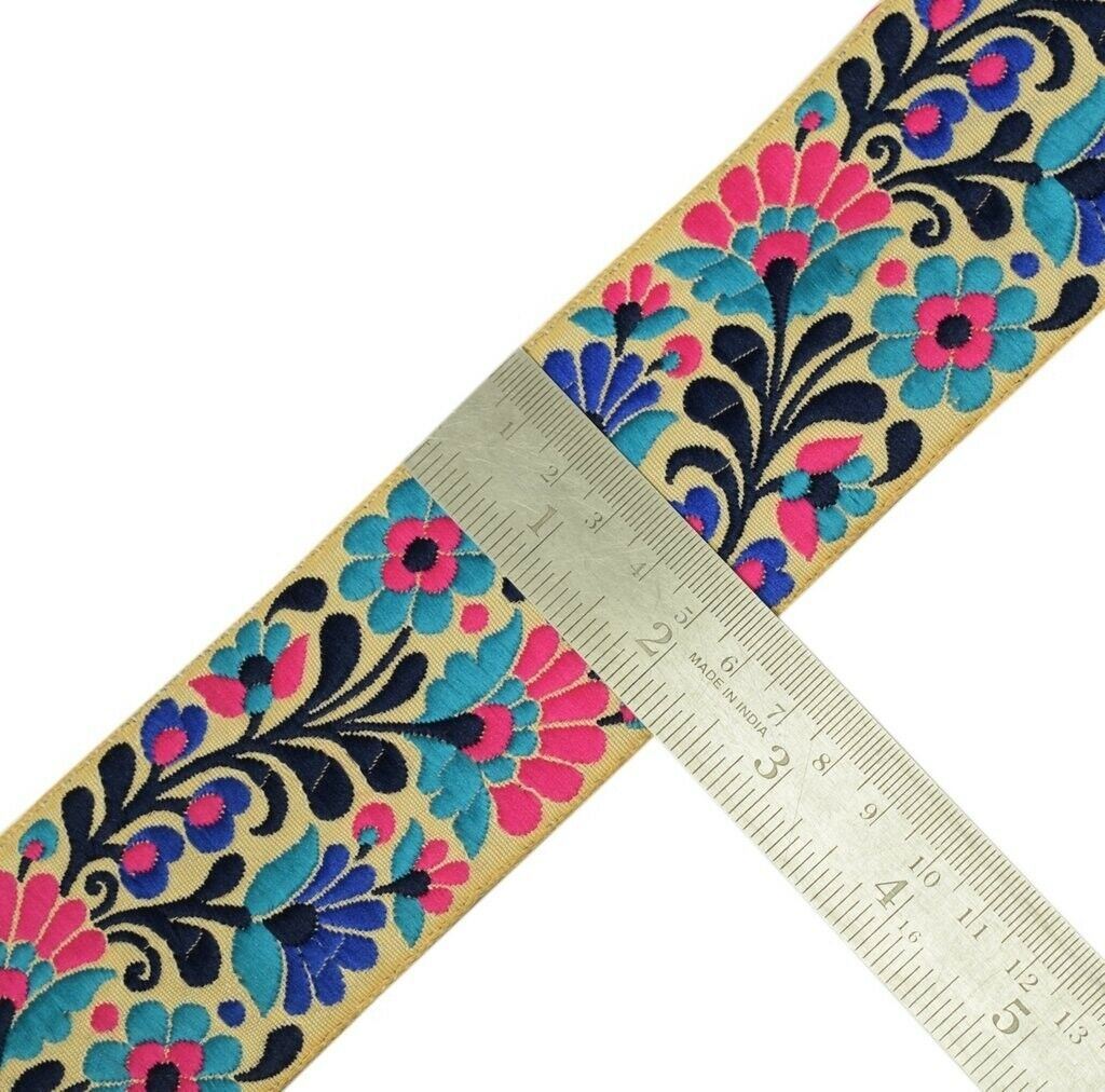1 Yard Sari Border Indian Craft Trim Sewing Floral Ribbon Lace Edging Tape Beige