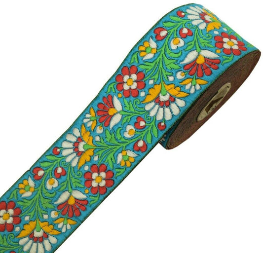 1 Yard Sari Border Indian Craft Trim Sewing Floral Ribbon Lace Edging Tape Blue