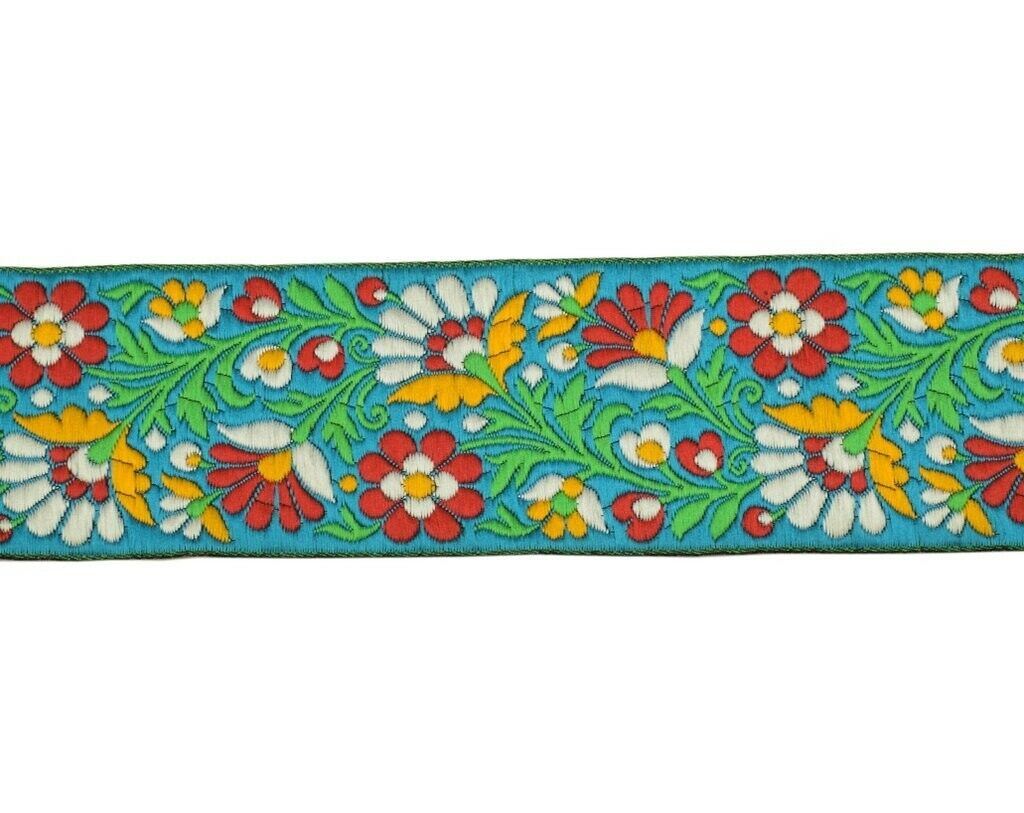 1 Yard Sari Border Indian Craft Trim Sewing Floral Ribbon Lace Edging Tape Blue
