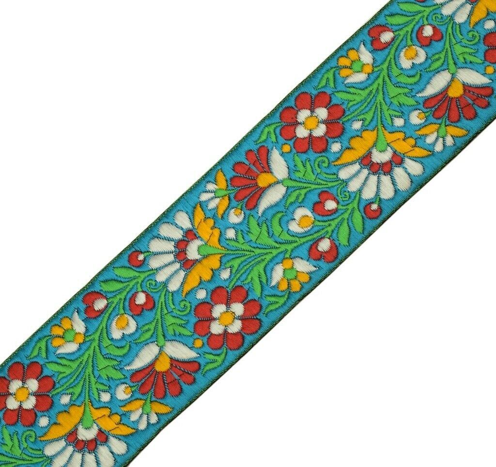 1 Yard Sari Border Indian Craft Trim Sewing Floral Ribbon Lace Edging Tape Blue