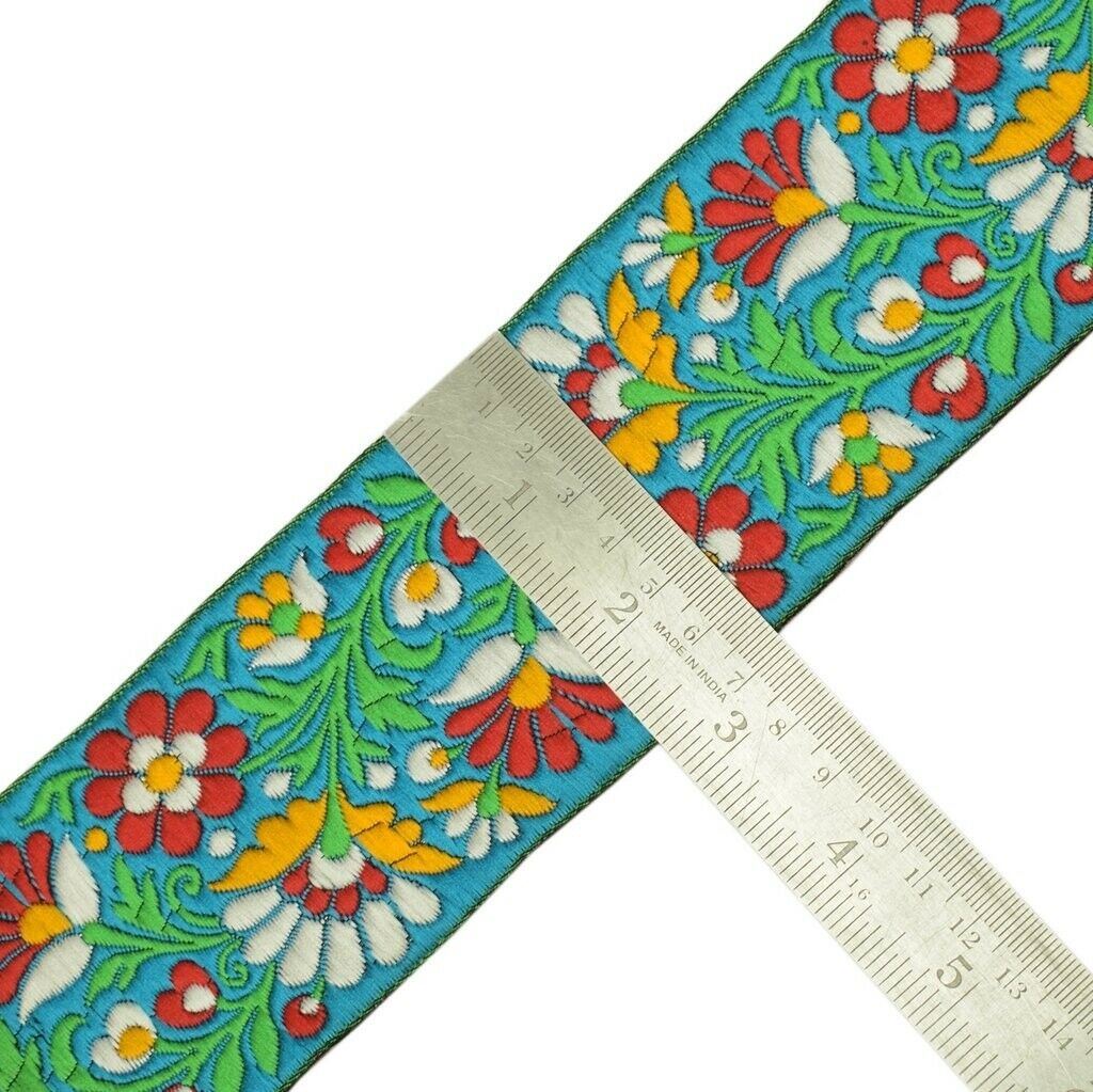 1 Yard Sari Border Indian Craft Trim Sewing Floral Ribbon Lace Edging Tape Blue